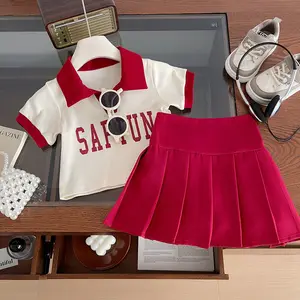 2024 New Summer Children Girl Turn-down Collar Polo Shirt + Pleated Skirt 2 pcs Preppy Clothes Set Pink Red 2-7 Years