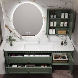 French retro green ceramic integrated basin intelligent <b>mirror</b> cabinet bathroom cabinet - Product Image 3