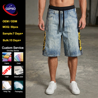 QZFSO Vente en gros OEM personnalisé Short en jean délavé pour homme, ourlet brut, patchwork à panneaux contrastants, coupe ample, style streetwear Y2K, Jorts