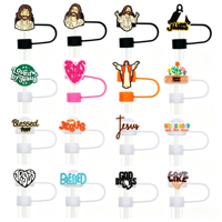 Capuchons de paille en PVC à thème religieux Jésus, embouts de paille en silicone pour la décoration de gobelets