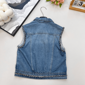 Chaleco vaquero sin mangas para mujer con ribete de tweed, abotonado, corto, informal, a la moda, con bolsillos, para ropa de calle - Product Image 2