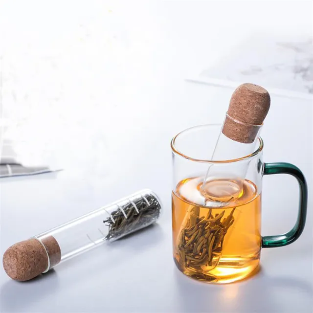 J634 Custom Logo Glass Bubble Tea Tube Borosilicate Glass Test Tube Tea Maker Tea Infuser Strainer With Wood Cork
