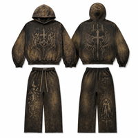 Ensembles de survêtements pour hommes personnalisés, sweat-shirt à capuche et pantalon de survêtement, OEM, 100% coton, surdimensionnés, épais, effet délavé à l'acide