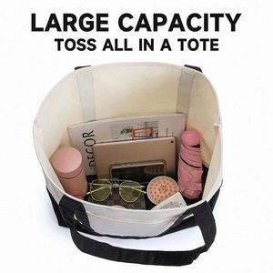 Reusable Eco-friendly Canvas <b>Tote</b> <b>Bag</b> Shoulder Closure Outer Patch <b>Pocket</b> Personalized Letter Print for Beach Travel Daily Use - Product Image 2