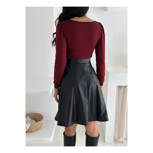 Robe de soirée pour femme, col carré, manches longues, jupe évasée en cuir, couleur bordeaux - Product Image 5
