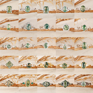 Tùy Biến Thủ Công Độc Đáo Moss Agate Nhẫn Cướ<span class=keywords><strong>i</strong></span> Mạ Vàng Sterling Silver 925 Phụ Nữ Engagement Rings - Product Image 1