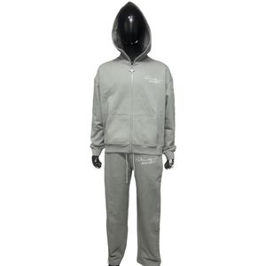 Ensemble de jogging personnalisé en molleton brodé délavé à l'acide pour homme, impression DTG lourde, sweat à capuche zippé, pantalon droit évasé - Product Image 1