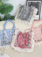 Bolso Tote Vintage de Lona con Bordado Floral a Cuadros, con Volantes y Encaje, de Gran Capacidad, para Niñas, para la Escuela, Viajes y Uso Diario