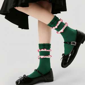 Nouvelles chaussettes pour femmes <span class=keywords><strong>vert</strong></span> émeraude à double volant, bordure rose, bout contrastant violet, chaussettes vintage extensibles et anti-humidité - Product Image 4