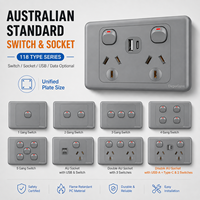 Interrupteur mural gris standard australien 10A 6/5 prises 1-5 gangs avec prise USB Type C SDK AU