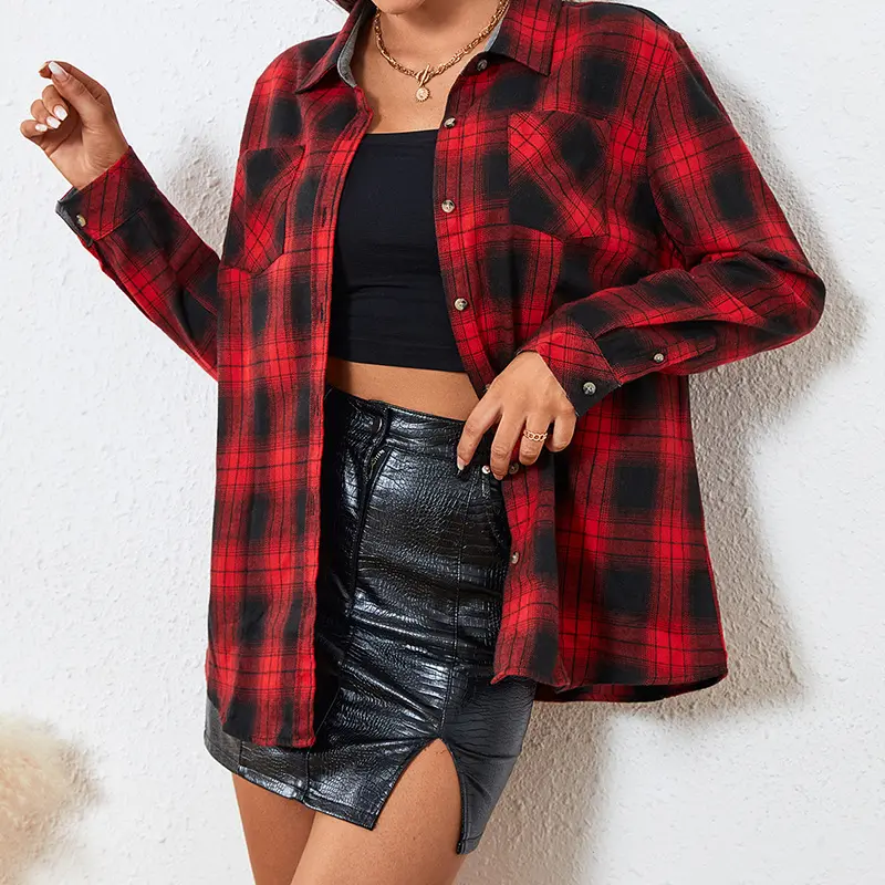 Chemise longue à carreaux en flanelle d'hiver pour femmes, top décontracté, chemise européenne et américaine, chemisiers quotidiens confortables, vente en gros