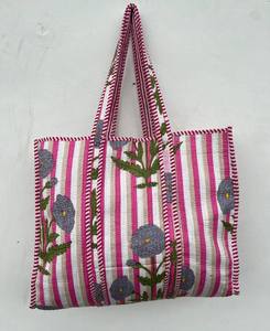 Bolso Tote Acolchado de Algodón con Estampado de Bloques, Cómodo para Uso Diario, Compras, Viajes, Bolso de Hombro - Product Image 1