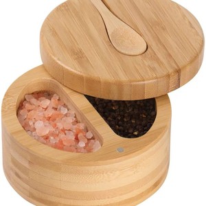 Bamboo Salt Box With Rotating Lid Divided Compartment <b>Kitchen</b> Spice Storage M Size Freshness Preservation - Product Image 3