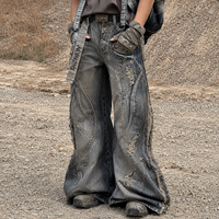 DiZNEW Jeans personnalisés pour hommes, style streetwear, délavé effet boue, avec panneaux ondulés, déstructurés, coupe baggy, jambe large, denim, style urbain