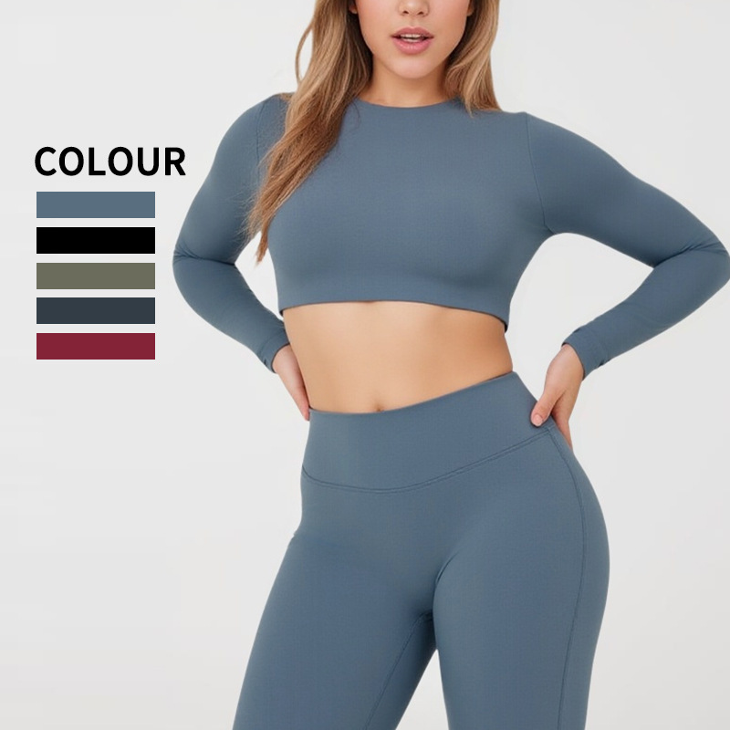 Sexy Back Hollow Breathable Solid Heat-Transfer Printed Yoga Wear Long Sleeve Spandex/Nylon Skinny Fit Square Neck Top