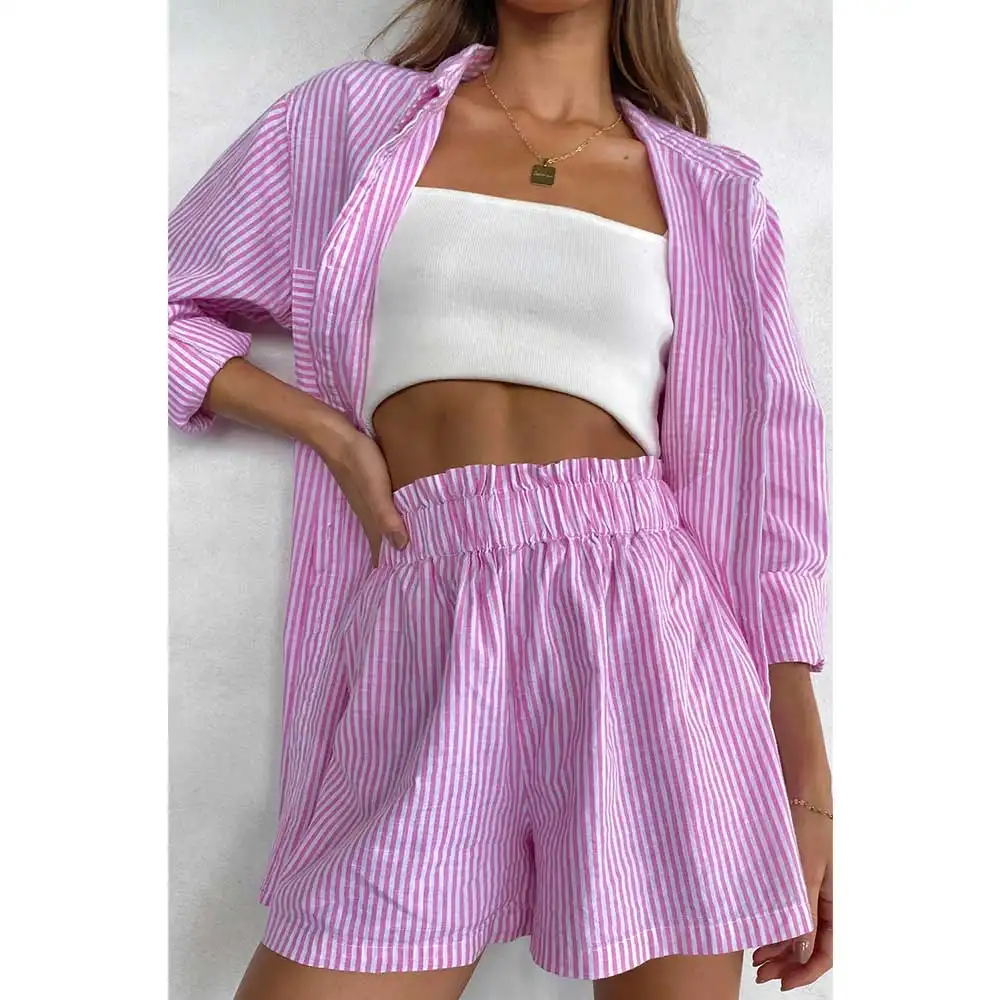 Explosive neue Langarmhemd Anzug Baumwolle/Polyester Mischung rosa und weiß gestreiften Hemd Shorts Damen Shirt Sets