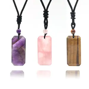 Crystal Necklace for Men Women Rectangle Stone Bar Pendant Necklace Adjustable Rope Natural Gemstone Necklace Jewelry