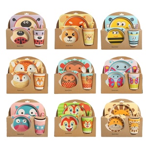 Plate Set Kids Dinner Set 2021 Wholesale High Quality Plastic 5 Pieces Plate Bamboo Fiber Kids Dinner Set Cartoon Animal Print Tableware Set