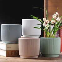 Pot Bunga Keramik dengan Alas Sederhana Putih untuk Rumah Tangga Balkon Phalaenopsis Hijau Aroma Basin Ekstra Besar Tahan Lama Pola Bergaris Cina