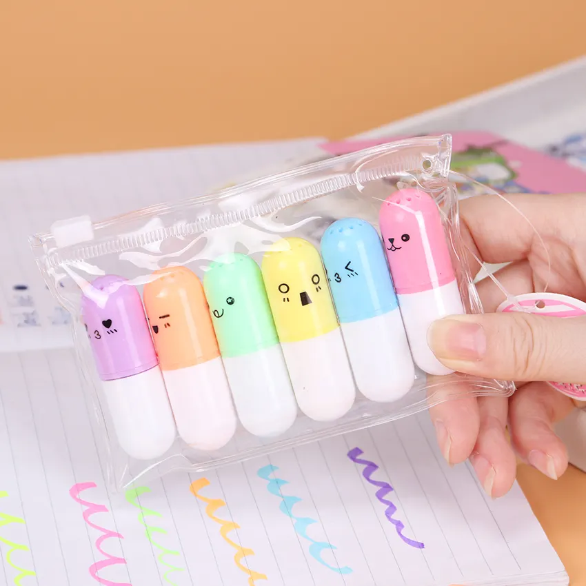 Mini 6 Stks/set Capsules Markeerstift Vitamine Pil Markering Kleur Pennen Tekening Spot Briefpapier Kantoor Schoolbenodigdheden