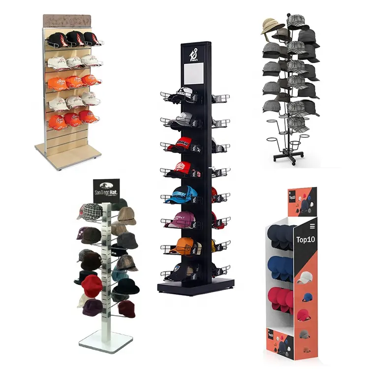 Custom Retail Store Floor Standing Slatwall Wooden Metal Cardboard Football Baseball Cowboy Cap Hat Display Rack Stand