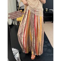 Pantalon large rayé coloré d'été 2026 pour femme, taille élastique, imprimé tribal orange ochre et violet, coupe décontractée, vente en gros