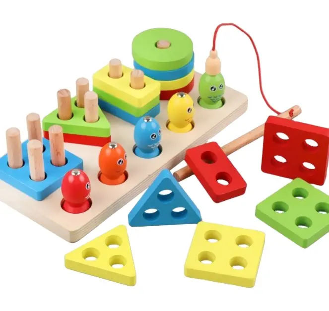 Wooden Shape Sorter Stacker Toddlers Puzzles Toy For Kids Montessori Early Learning Hanoi Tower Fishing Set