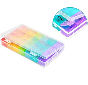 Organisateur de pilules hebdomadaire en plastique, 7 jours, 28 compartiments, couleurs arc-en-ciel, petit format - Product Image 1
