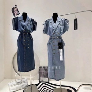 Estivo in <span class=keywords><strong>Denim</strong></span> con risvolto a bottone alla moda <span class=keywords><strong>abito</strong></span> Casual donna abiti formali 2023 Cowboy Streetwear estivi abiti lunghi da donna - Product Image 1