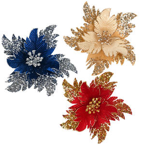 Têtes de fleurs de poinsettia artificielles de luxe à paillettes pour l'arrangement de couronnes de Noël et décorations de fêtes, poinsettia rouge, directement de l'usine - Product Image 1