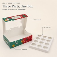 Boîte à macarons autoportante 12 cavités de qualité alimentaire avec fenêtre transparente, imprimée Noël, en carton, pour desserts et pâtisseries, emballage pliable