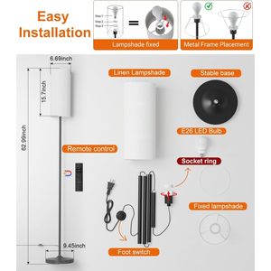 Dimmable Floor <b>Lamp</b> 12W LED Remote Control Black Standing <b>Lamp</b> with White Linen Shade <b>Tall</b> <b>Lamp</b> for Living Room - Product Image 4