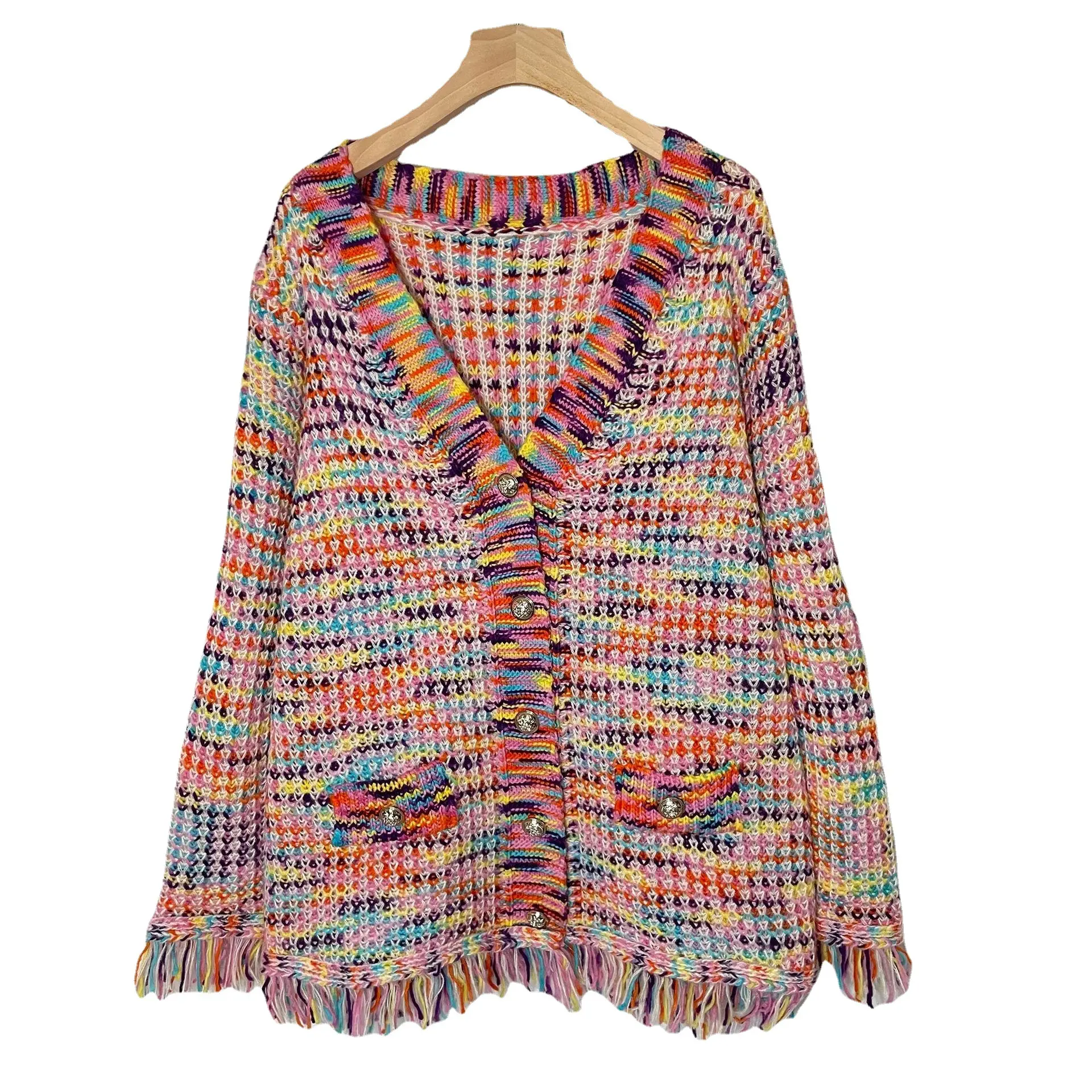 factory custom Winter Colorful Gradient knitted jacket women rainbow fringe V neck plus size sweater cardigan girl