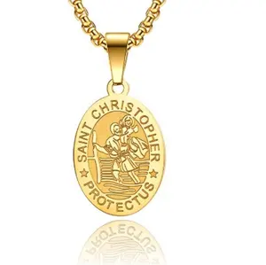 Yiwu Aceon Stainless Steel Oval Medal Embossed Religion St Christopher Protect Us Text Around Edge Catholic Pendant