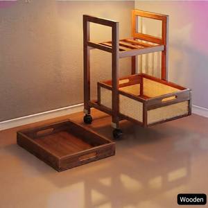 <span class=keywords><strong>Table</strong></span> <span class=keywords><strong>basse</strong></span> roulante robuste en bois à 2 niveaux avec roulettes verrouillables, étagères de rangement pour la maison avec <span class=keywords><strong>plateau</strong></span> de service et chariot de rangement - Product Image 3