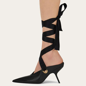 Sandalias de tacón alto personalizadas para mujer con cordones cruzados, punta puntiaguda, tacón de cuña alto, estilo mule, zapatos de vestir - Product Image 5