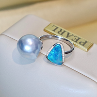 Bague de luxe en or 18 carats avec opale, diamant naturel 0,046 ct, perle baroque blanche d'Australie de mer du Sud bleu sang naturel 12-13 mm