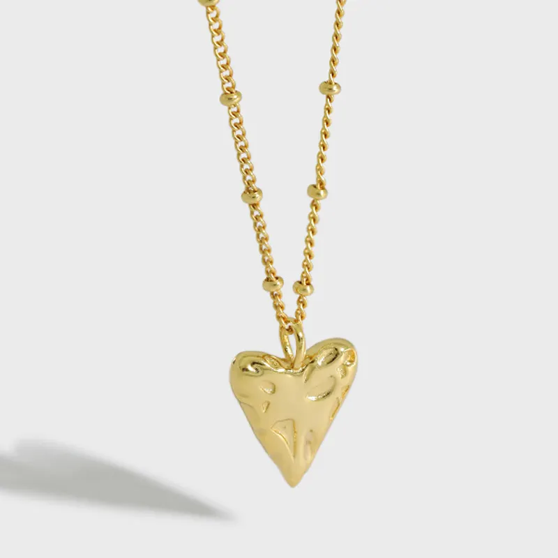 18K Gold Plated S925 Sterling Silver Heart Shape Nugget Necklace Pendant Bead Chain Necklace
