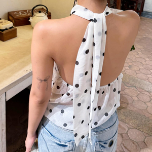 Polka Dot Sheer Knitted Breathable Casual Loose Fit Tank Top Sexy <b>Open</b> Back Halter Neck Tie <b>up</b> Sleeveless Blouse - Product Image 5