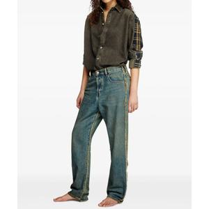 Button Down Collar Frayed Edge <b>Shirt</b> <b>Men's</b> Heavy Weight Cotton Plaid Checked Contrast Blocked <b>Flannel</b> <b>Shirts</b> <b>for</b> <b>Men</b> - Product Image 2