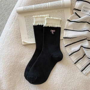 महिलाओं के लिए मीठे मोजे दिल-कढ़ाई डबल फ्लड मध्य स्टॉकिंग बहुमुखी कोरियन धनुष-टाई फीता महिलाओं के मोजे - Product Image 5