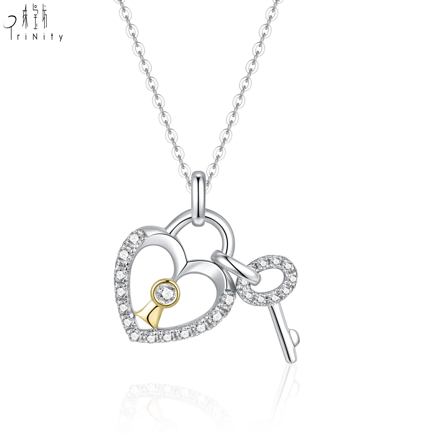 Lock Pendant Necklace New Arrival Elegant Jewelry 18K Solid White Gold Natural Diamond Heart Lock Key Pendant Necklace For Girls