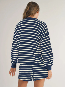 Set da donna <span class=keywords><strong>con</strong></span> bottoni a righe color block e collo a manica lunga <span class=keywords><strong>con</strong></span> Shorts Casual a due pezzi - Product Image 2