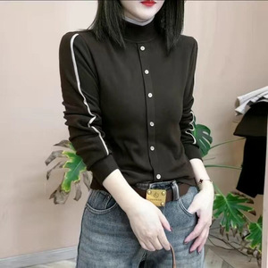 Plus Size Women's Turtleneck Long Sleeve Knitted Shirt Black Coffee Gray Autumn Yellow Orange Green ZY-9501 Splicing Design - Product Image 1