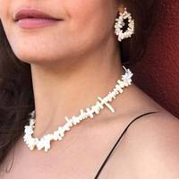 Femmes été plage mode motif géométrique collier et boucles d'oreilles ensemble naturel corail pierre perlée bijoux pour cadeaux
