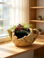 Jardinière en résine en forme de théière de jardin féerique, pot à fleurs miniature en forme de théière cassée, conteneur décoratif pour plantes de micro-paysage extérieur