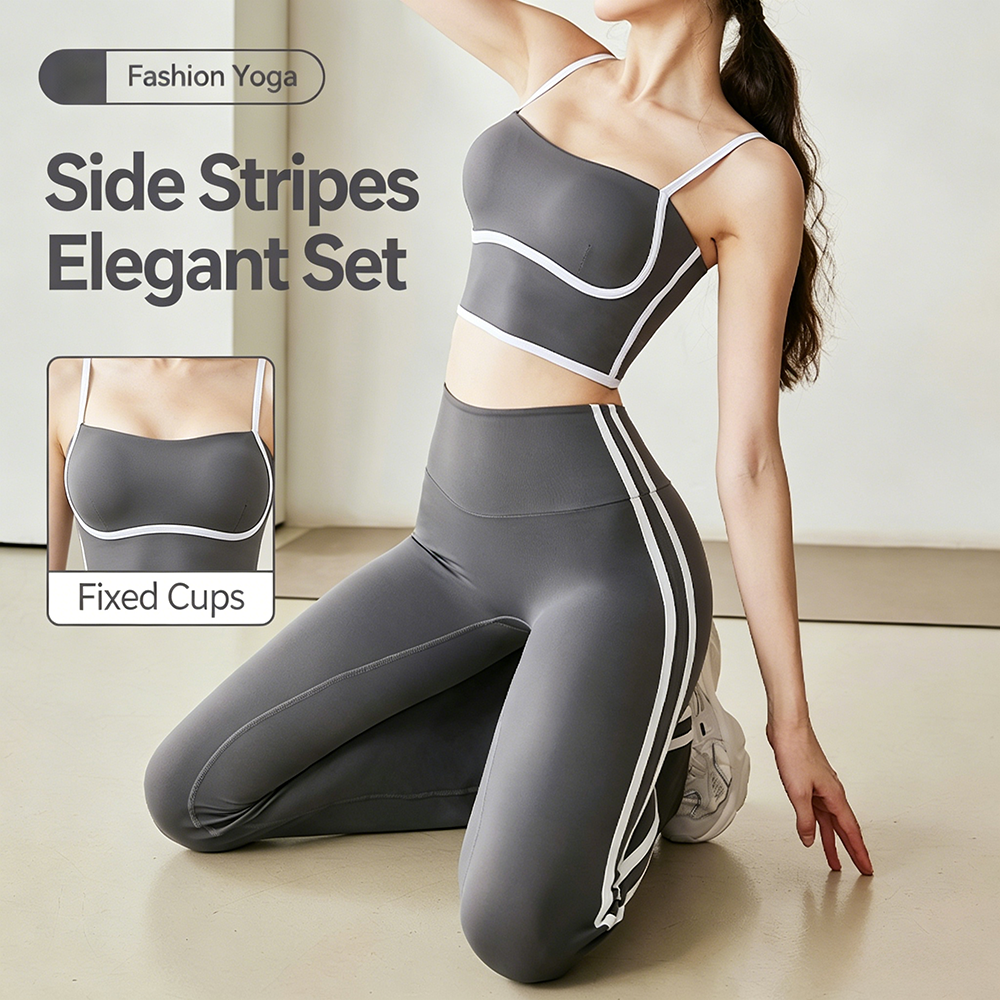 Women's Solid Front Side Stripes Contrast Trim Yoga Set Thin Straps Fixed Cups High Waisted Elegant 2 Piece Workout Set Stock