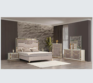 Modern Style 5 Pc Queen Upholstered Bedroom Set with Wood and Gold Accents in Beige for Hotel Use by OE HOME - Product Image 1