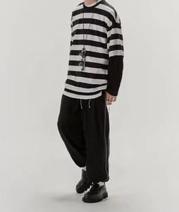 T-Shirt a Maniche Lunghe da Uomo con Stampa Digitale a Righe, Stile Hip Hop Casual, Bianco <span class=keywords><strong>e</strong></span> Nero, in Maglia a Doppio Strato, 100% Cotone - Product Image 4