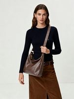 Tas Bahu Kasual Wanita Kulit Vegan Multifungsi Lipat Tali Dapat Disesuaikan Tas Ritsleting Tali Tunggal Poliester Fashion Jalanan
